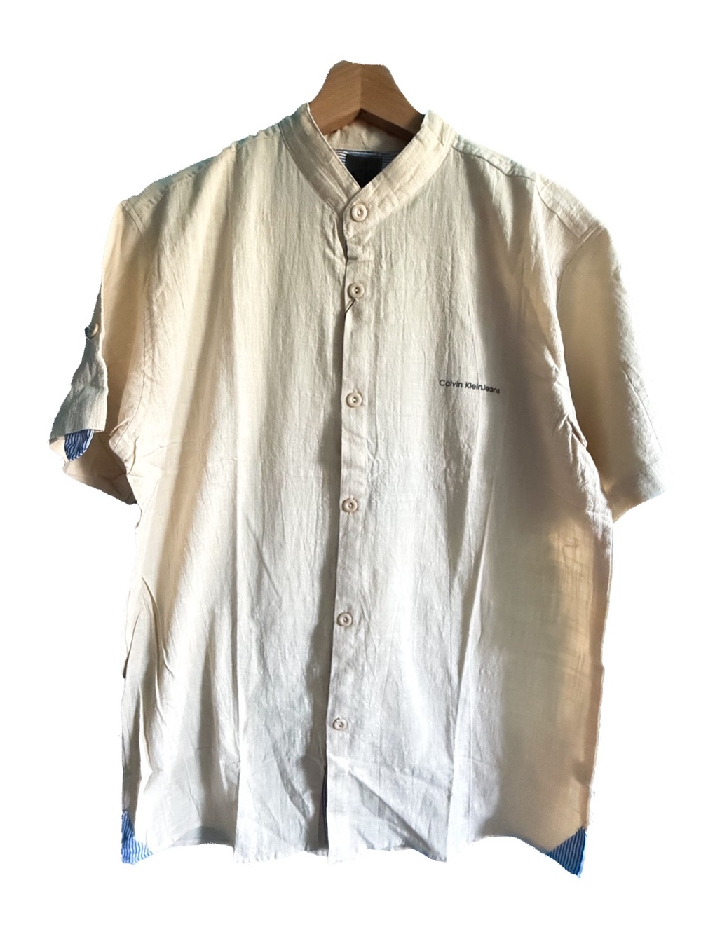 Calvin Klein Cream Short-Sleeve Mandarin Collar Shirt